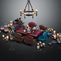 Rustic Furniture Set With Wooden Table Chairs Chandelier Vases And Candles