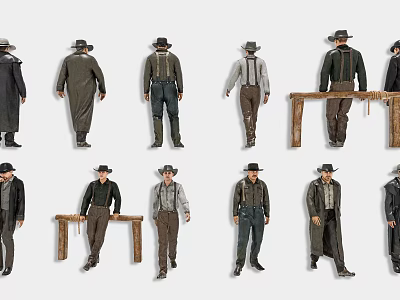 Group Of Men In Western Style Attire And Hats 3d model