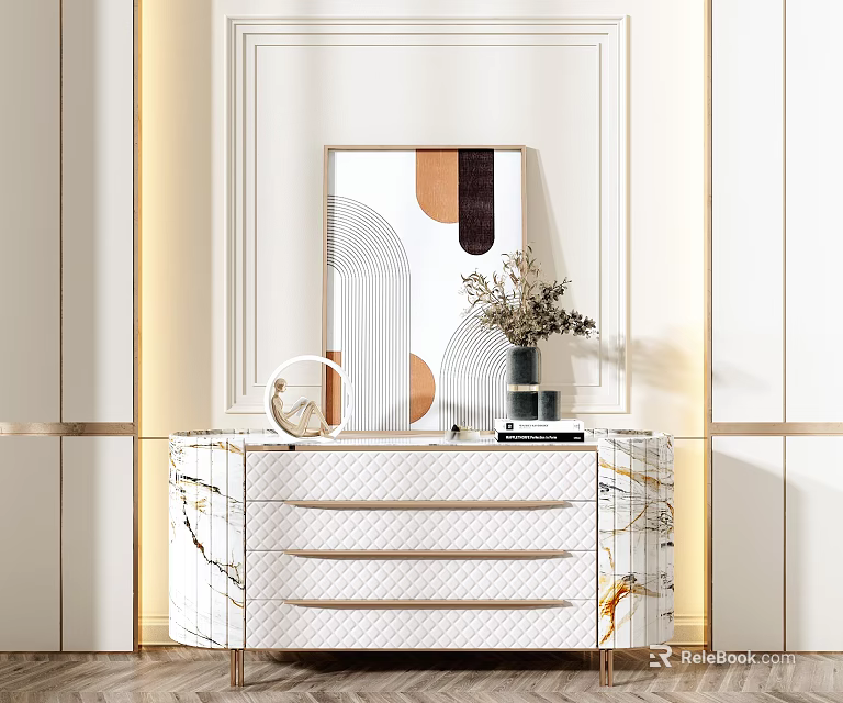 Modern Entryway Console Cabinet With Marble Surface And Decorative Vase On Top 3d model 