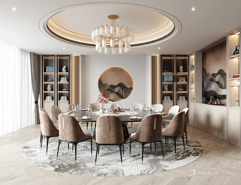 Elegant Modern Private Dining Room With Round Table Chandelier And Landscape Painting 3d model 
