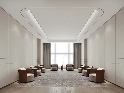Spacious Modern Hotel Public Lounge Interior With Light Walls Ceiling Strips And Patterned Carpet 3d model
