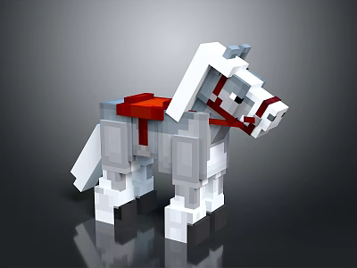 Pixelated White Horse With Red Saddle And Bridle In Digital Art Style 3d model
