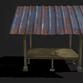Wooden Shelter Structure With Corrugated Metal Roof Supporting Pillars And Platform Base
