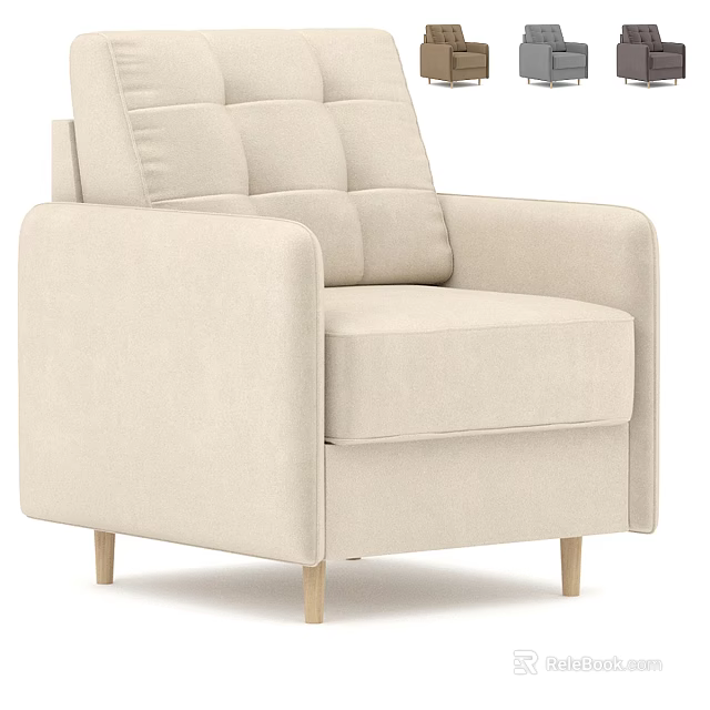 Modern Beige Single Sofa Upholstered With Square Back And Wooden Legs 3d model 