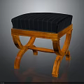 Wooden Stool With Curved Legs And Dark Blue Striped Cushioned Seat