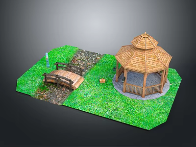 Wooden Octagonal Gazebo And Garden Bridge In Green Grass With Stone Path 3d model