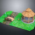 Wooden Octagonal Gazebo And Garden Bridge In Green Grass With Stone Path