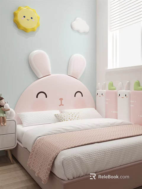 Adorable Kids Bed With Pink Rabbit Ear Headboard In Light Blue Room And Storage Cabinets 3d model 