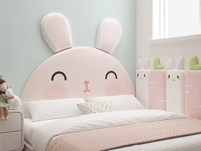 Adorable Kids Bed With Pink Rabbit Ear Headboard In Light Blue Room And Storage Cabinets 3d model