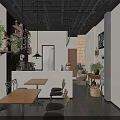 Cozy Cafe Interior With Hanging Plants Wooden Shelves Dark Tiled Floor And Framed