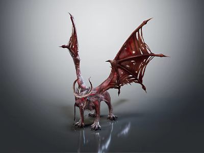 Red Fantasy Dragon 3D Sculpture With Winged Horned Clawed Detailed Texture 3d model