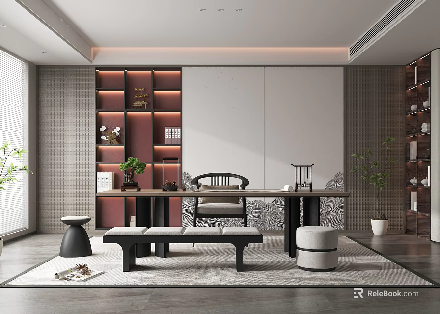 Modern Chinese Tea Room Interior With Long Wooden Table Chairs Decorative Shelves And Potted Plants 3d model 
