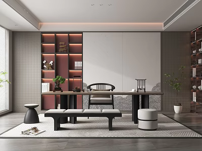 Modern Chinese Tea Room Interior With Long Wooden Table Chairs Decorative Shelves And Potted Plants 3d model