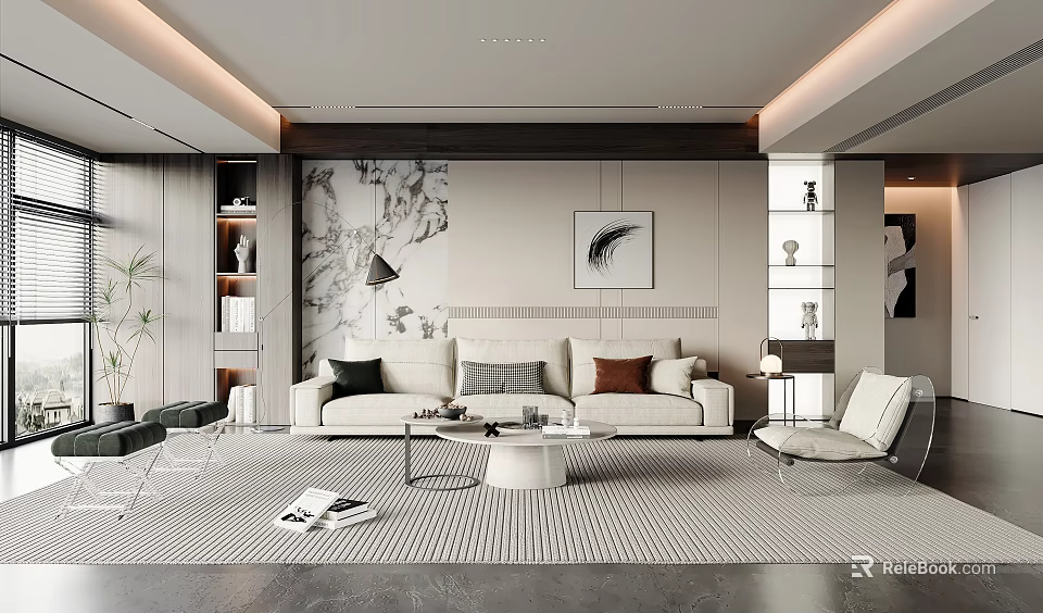 Modern Living Room Interior Design With Beige Sofa Multicolored Cushions And Feather Painting 3d model 