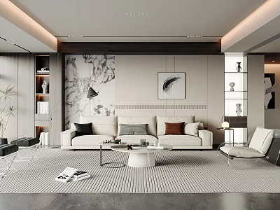 Modern Living Room Interior Design With Beige Sofa Multicolored Cushions And Feather Painting 3d model