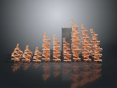 Orange Stacked Structures In Various Heights With Gray Block And Reflections On Black Surface 3d model