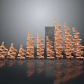 Orange Stacked Structures In Various Heights With Gray Block And Reflections On Black Surface 3d model