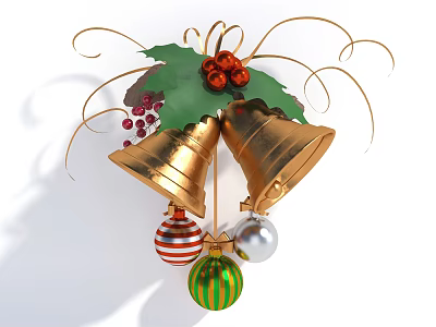 Elegant Decorative Ornament Set With Golden Bells Green Holly Leaves Red Berries And Colorful Balls 3d model