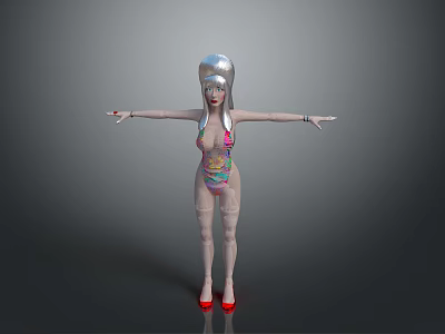 Game and Movie Character with Silver Hair Colorful Bodysuit Tattoos Red High Heels Arms Outstretched 3d model
