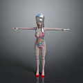 Game and Movie Character with Silver Hair Colorful Bodysuit Tattoos Red High Heels Arms Outstretched