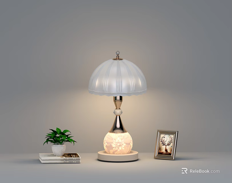 Elegant Table Lamp with White Pleated Lampshade Carved Base and Small Potted Plant Photo Frame 3d model 