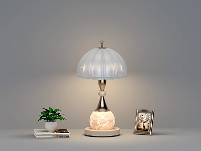 Elegant Table Lamp with White Pleated Lampshade Carved Base and Small Potted Plant Photo Frame 3d model