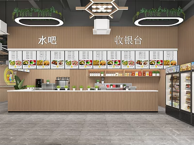 Modern Water Bar Interior With Checkout Counter Menu Display And Refrigerators 3d model
