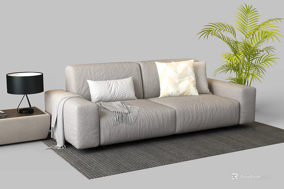 Gray Two Seater Sofa With Pillows Throw Blanket Side Table Lamp And Plant On Rug 3d model 