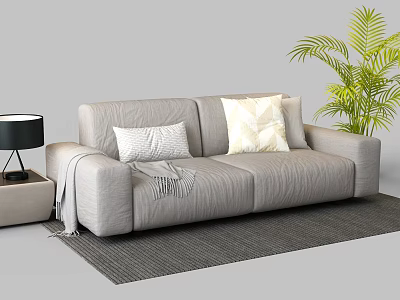 Gray Two Seater Sofa With Pillows Throw Blanket Side Table Lamp And Plant On Rug 3d model