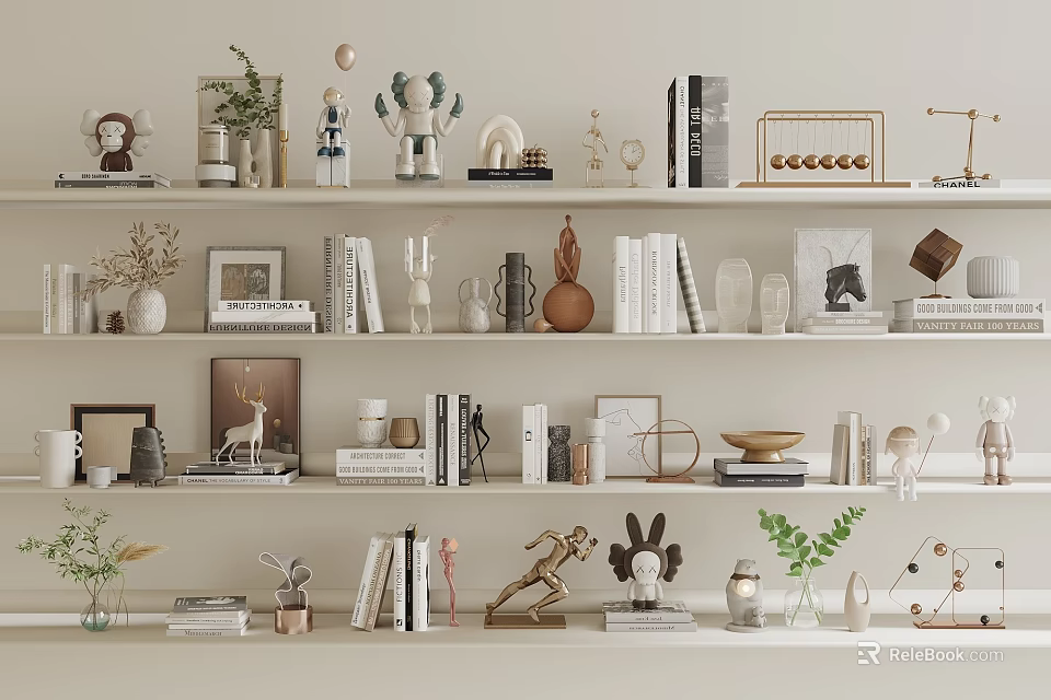 Decorative Ornament Combination for Home Shelf Display with Figurines Vases and Plants 3d model 