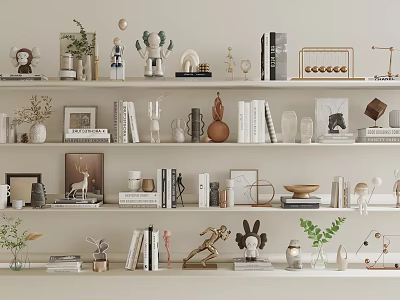 Decorative Ornament Combination for Home Shelf Display with Figurines Vases and Plants 3d model