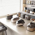 Modern Kitchen Countertop Displaying Multiple Kitchen Appliances Including Rice Cookers and Small Appliances