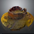 Ancient Fortress Ruins Red Orange Circular Structure with Weathered Stone Walls on Yellow Terrain