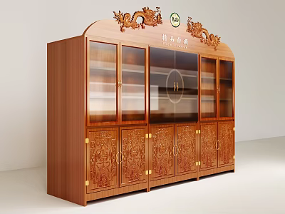 Traditional Wooden Wine Cabinet with Carved Patterns Glass Doors and Dragon Top Decorations 3d model