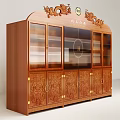 Traditional Wooden Wine Cabinet with Carved Patterns Glass Doors and Dragon Top Decorations