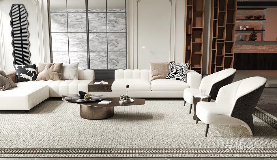 Modern Sofa And Coffee Table Set With Plush Cushions And Area Rug In Living Room 3d model 