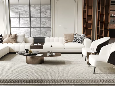 Modern Sofa And Coffee Table Set With Plush Cushions And Area Rug In Living Room 3d model