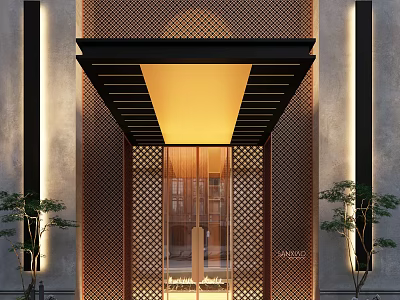 Modern Storefront Facade With Perforated Metal Panels Glass Door Warm Lighting And Green Plants 3d model