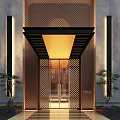 Modern Storefront Facade With Perforated Metal Panels Glass Door Warm Lighting And Green Plants