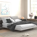 Modern Comfortable Upholstered Double Bed In Bright Cozy Sunlit Contemporary Bedroom Interior Design