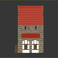 Cartoon Scene House Featuring Red Roof Stone Walls Wooden Door And Windows