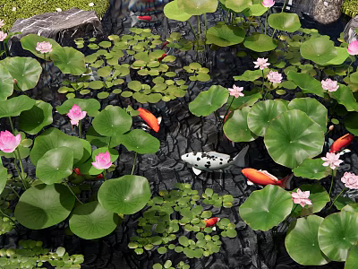 Modern Aquatic Plants Lotus Fish Pool Goldfish Landscape Stone Bryophytes Lotus 3d model