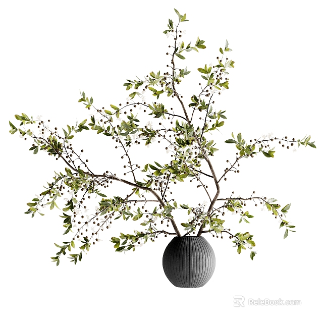 Modern Minimalist Textured Gray Vase with Green Leaves and Berries Branches 3d model 