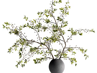 Modern Minimalist Textured Gray Vase with Green Leaves and Berries Branches 3d model