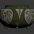 Decorative Ceramic Jar With Green And White Floral Patterns And Small Feet