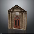 Brown Brick Building With Red Door Arched Design Triangular Pediment And Decorative Plaque 3d model