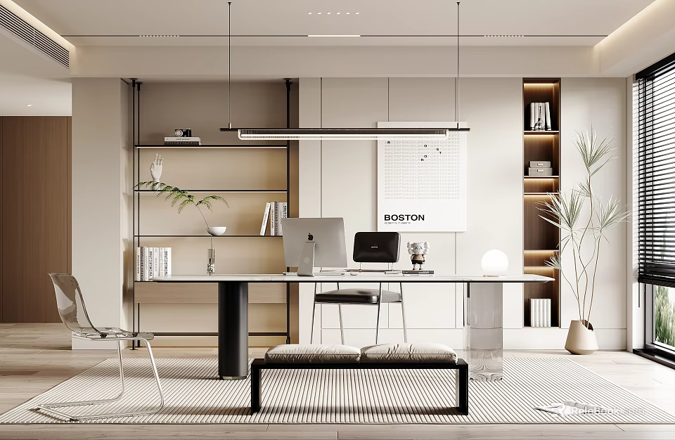Modern Study Room Interior with Open Bookshelves Desk Computer Plants Calendar and Lighting 3d model 