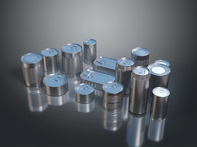Silver Metal Cans For Daily Use With Various Sizes Shapes And Reflective Surface 3d model