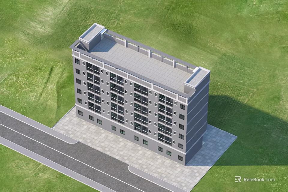 Modern Multi Storey Industrial Factory Building With Large Windows Green Lawn And Road Access 3d model 