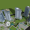Modern High Rise Buildings Architectural Design With Glass Facade And Green Area
